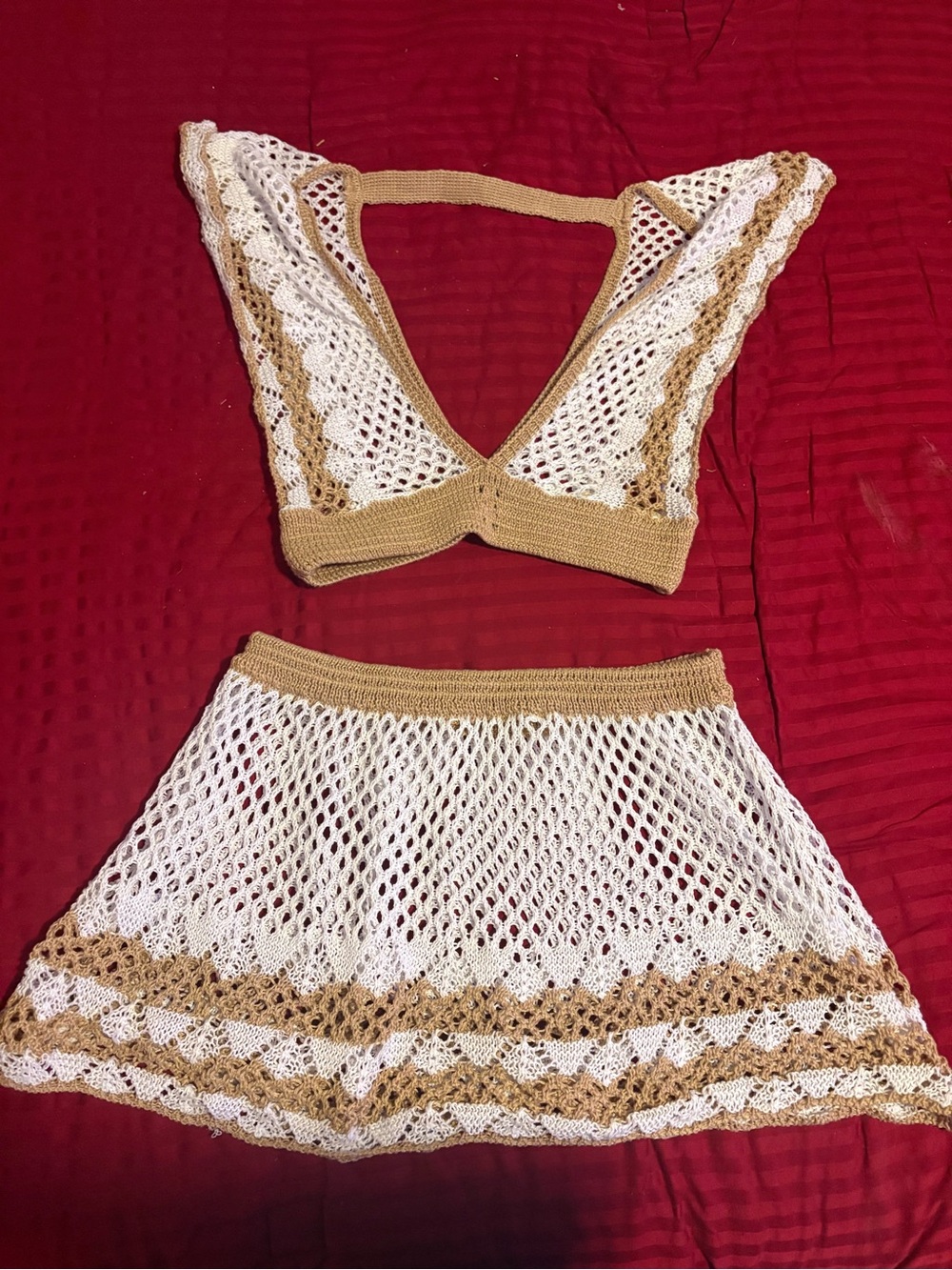 Crochet White and Tan Mesh Mini Skirt Swim Cover up
